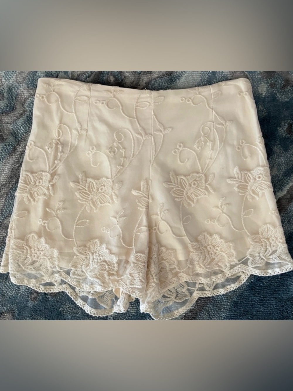 Ivory Floral EMBROIDERED Illusion LACE Dress SHORTS Size Extra-Small XS